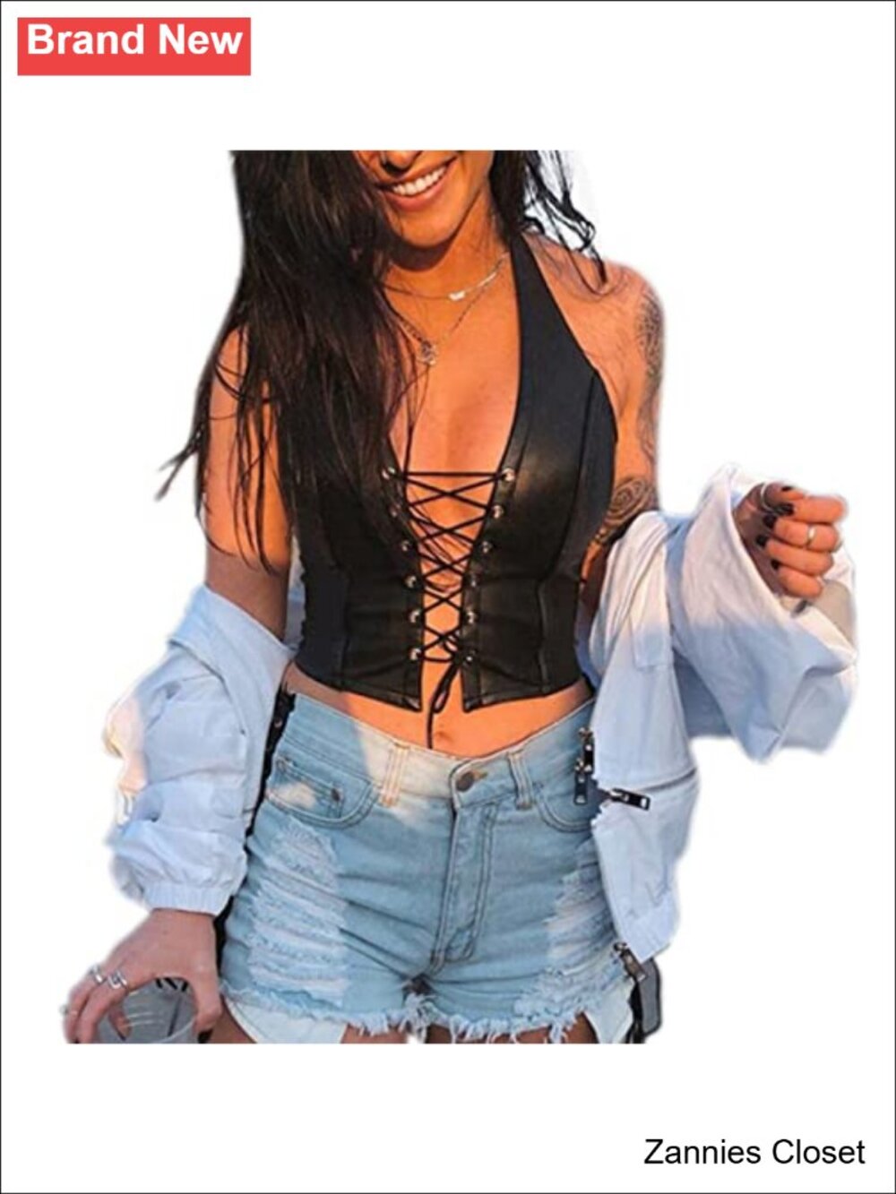 🤠 PU Leather Corset Bustier Top Adjustable Spaghetti Strap Halter Crop Top
